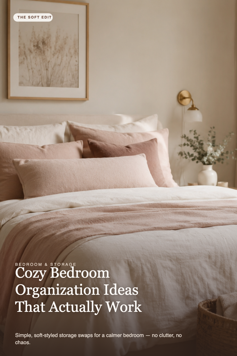 A softly styled cream and blush bedroom illustrating bedroom organization ideas from The Soft Edit
