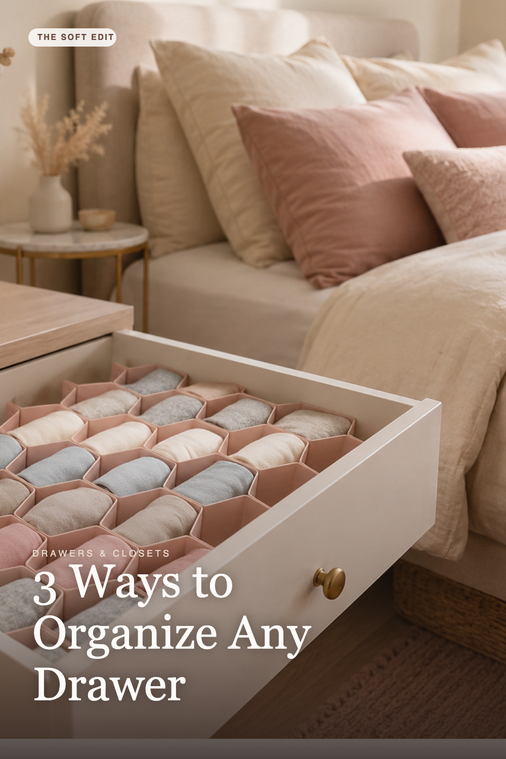An open dresser drawer with honeycomb-style organizers separating folded clothes, next to a bed with cream and blush linens
